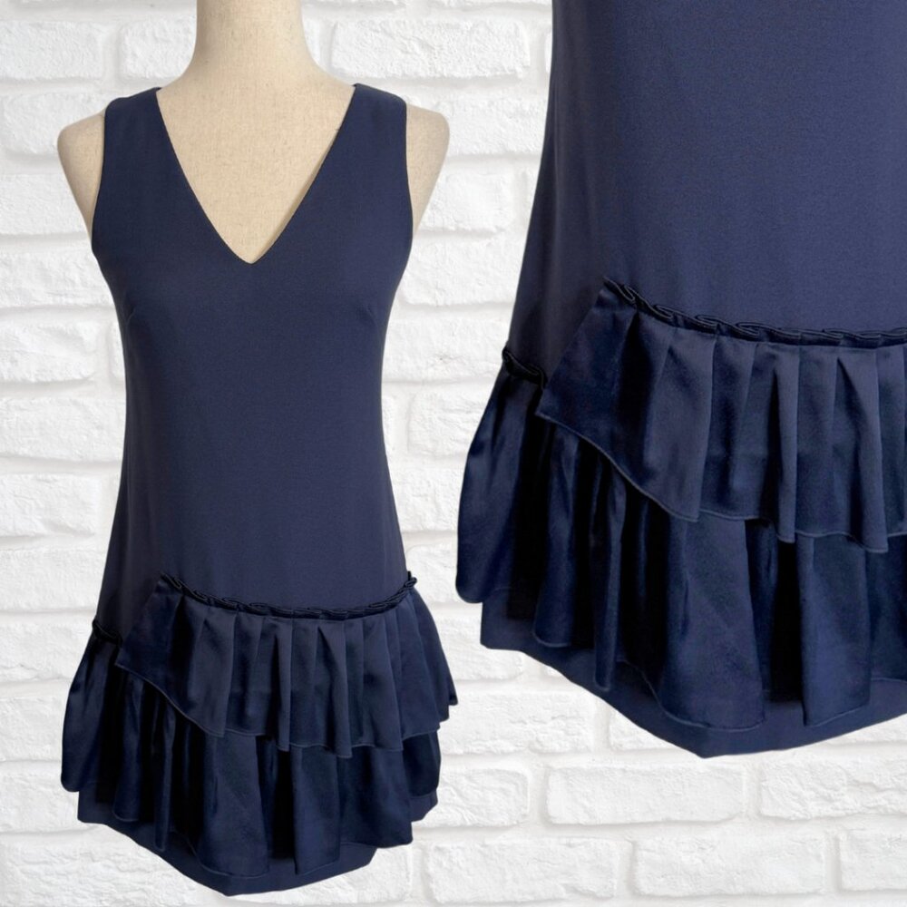 Eliza J Size 0P Sleeveless Shift Dress Ruffle Hem Navy Blue V-Neck Cocktail